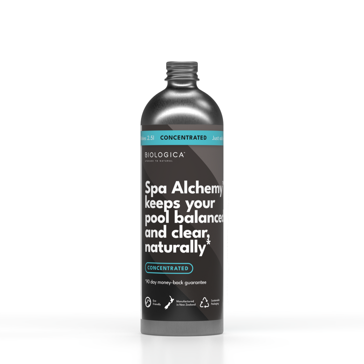 Bottle of Spa Alchemy pool cleaning product on a white background