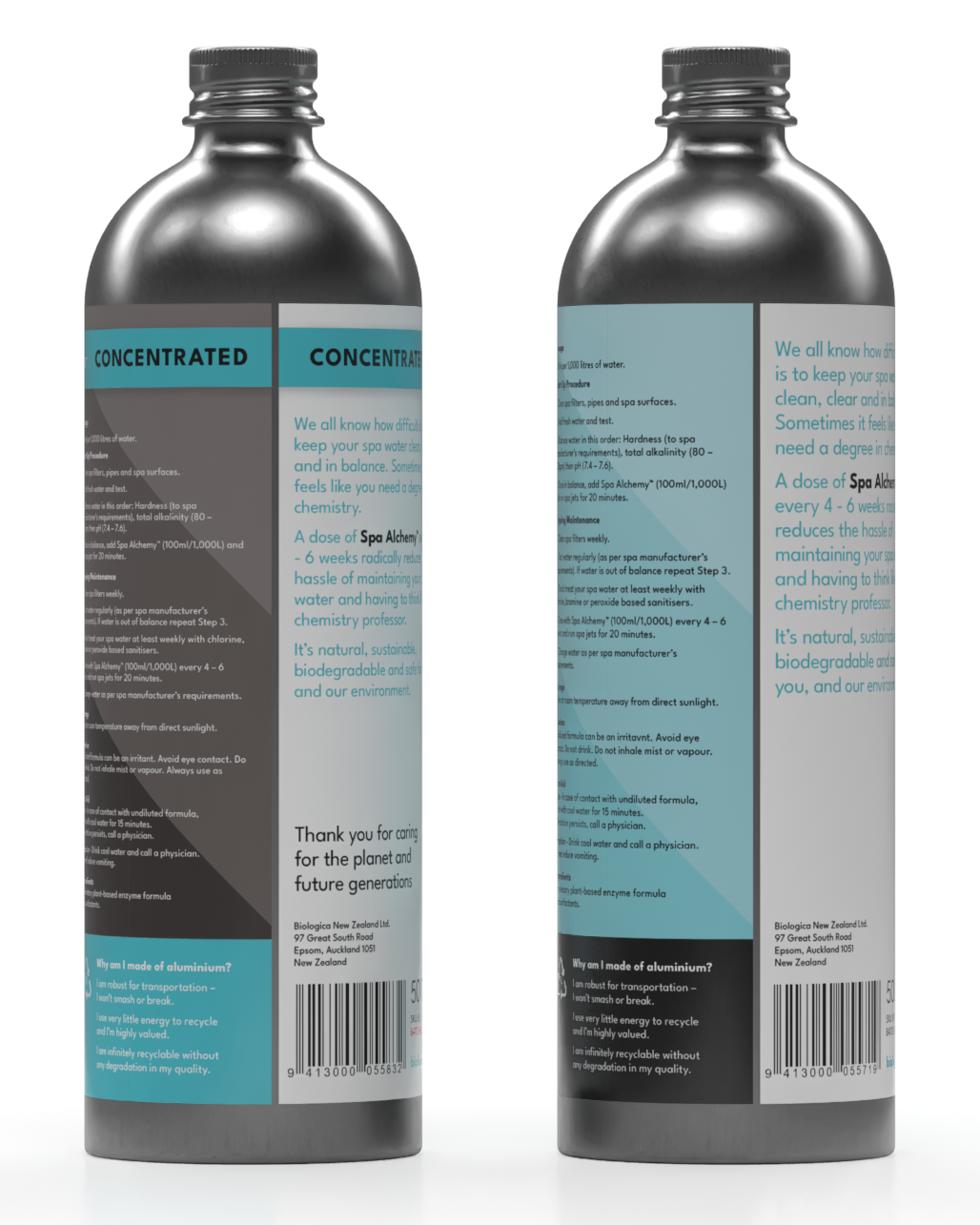 Two BioLogica Spa Alchemy concentrated pool cleaner bottles standing upright on a white background. The left bottle has a light blue label and the right bottle has a dark gray/black label.