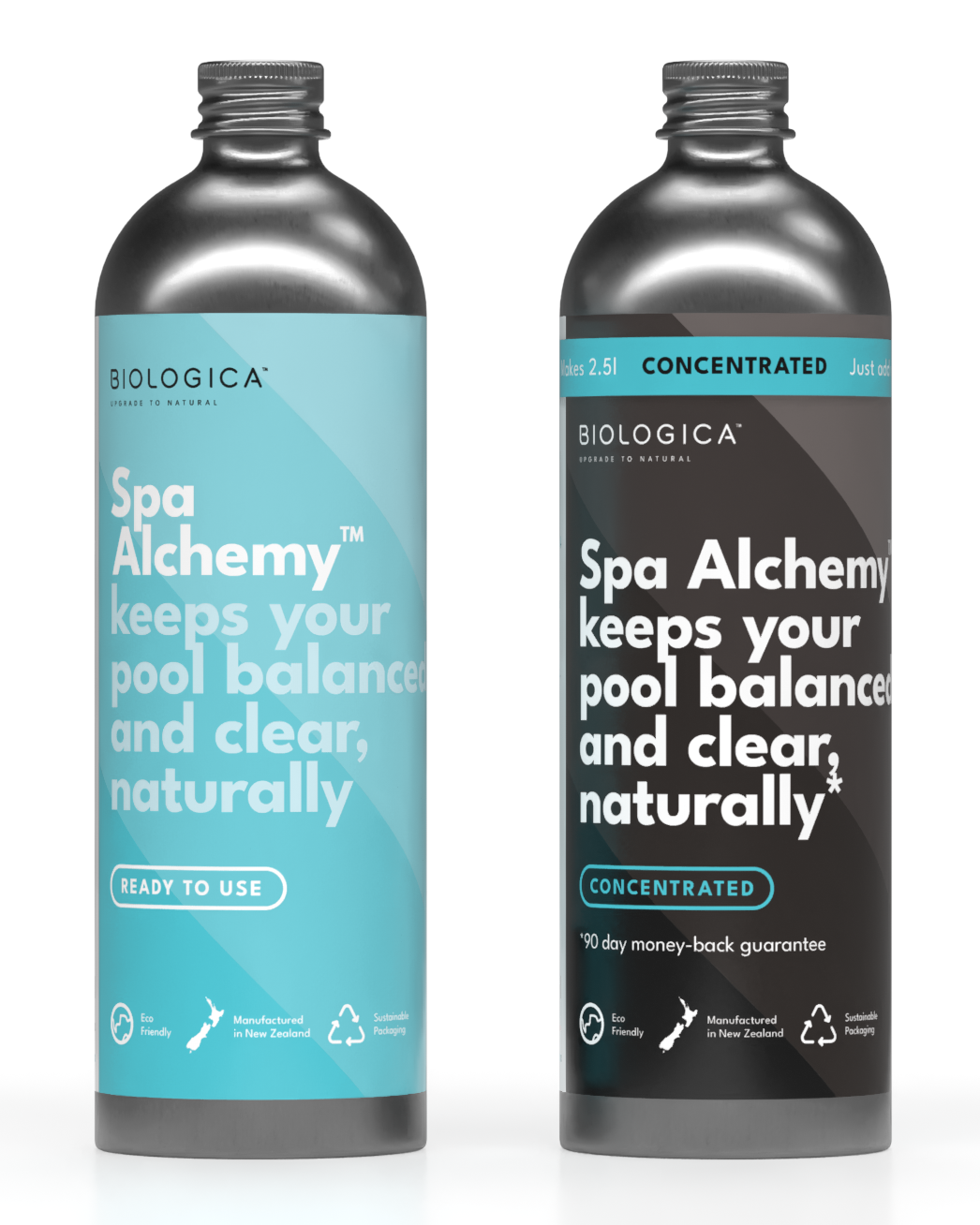 Two BioLogica Spa Alchemy concentrated pool cleaner bottles standing upright on a white background. The left bottle has a light blue label and the right bottle has a dark gray/black label.