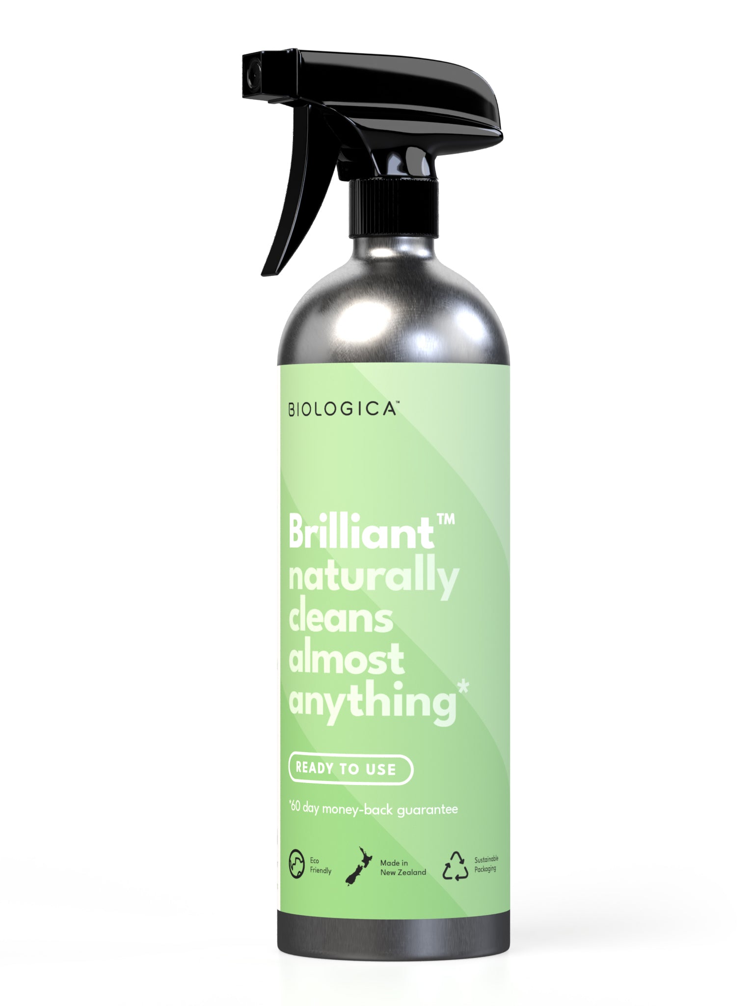 Brilliant natural cleaning spray bottle with mint green label, featuring biodegradable product information and recycling symbols on a silver aluminum container with black trigger sprayer