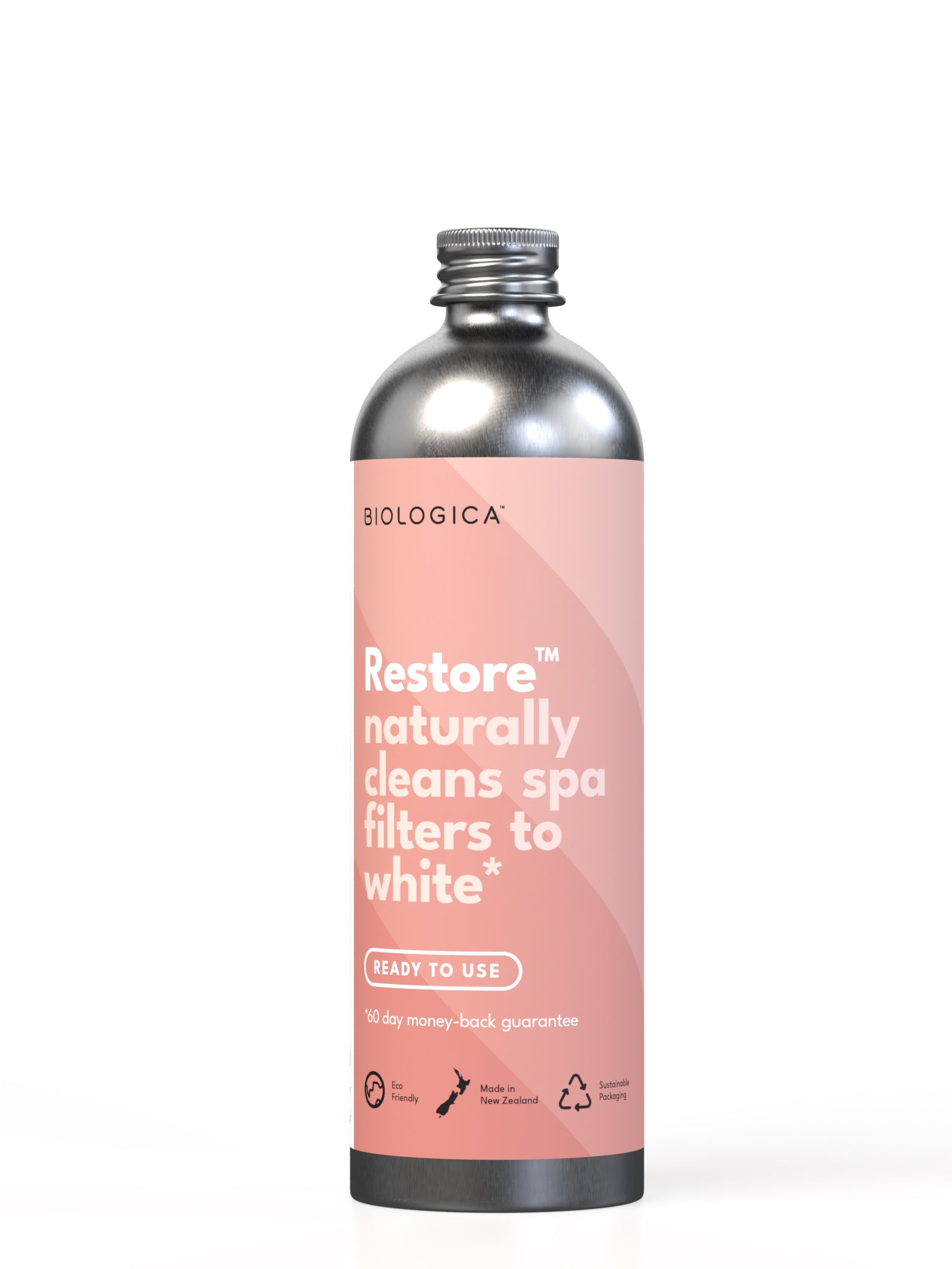 Restore natural spa filter cleaner in metallic silver bottle with coral pink label, featuring eco-friendly symbols and product description. Ready-to-use biodegradable formula for whitening spa filters.