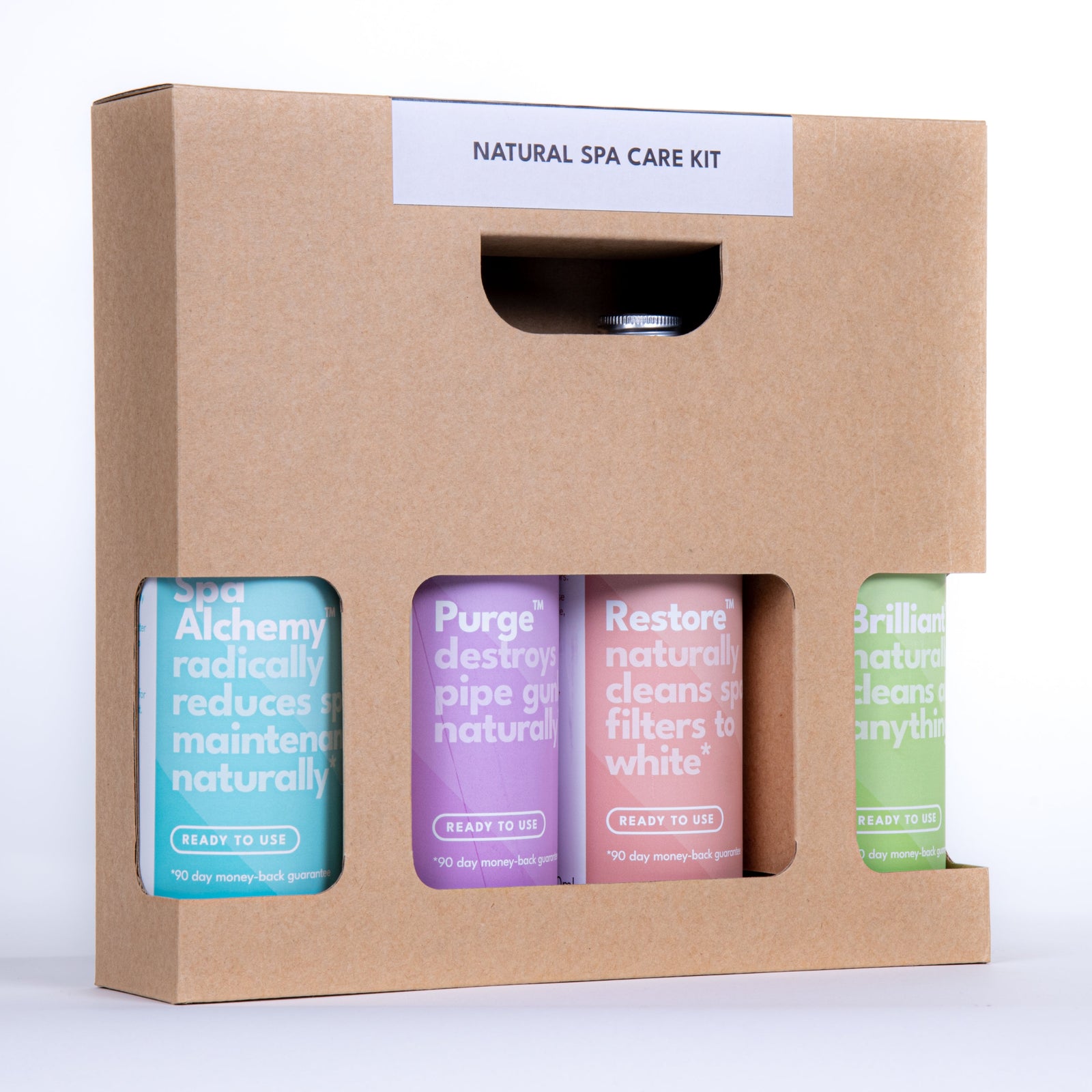 Natural Spa Care Kit featuring four silver aluminum bottles with trigger sprayers containing eco-friendly cleaning solutions. Each bottle has a distinct pastel-colored label - blue, pink, purple, and green - displaying product names and benefits for complete spa maintenance.